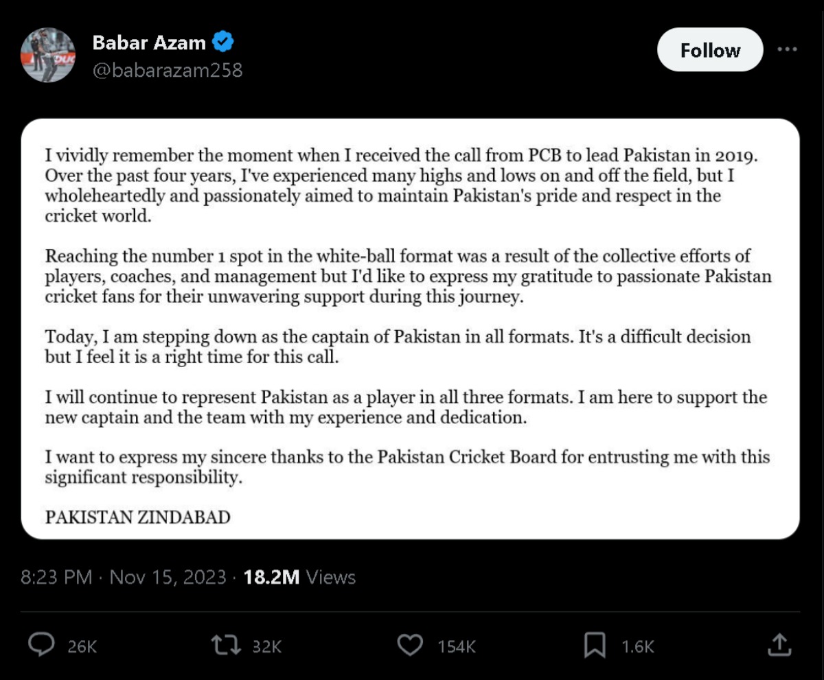 Babar Azam Resign Letter on X